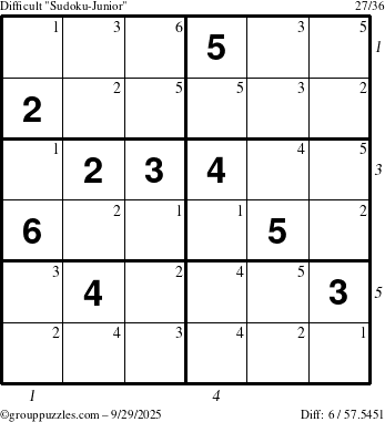 The grouppuzzles.com Difficult Sudoku-Junior puzzle for Monday September 29, 2025 with all 6 steps marked