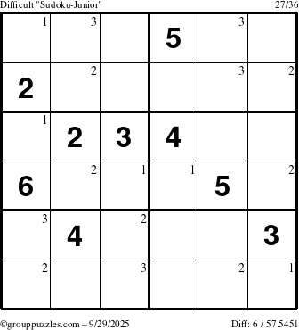 The grouppuzzles.com Difficult Sudoku-Junior puzzle for Monday September 29, 2025 with the first 3 steps marked
