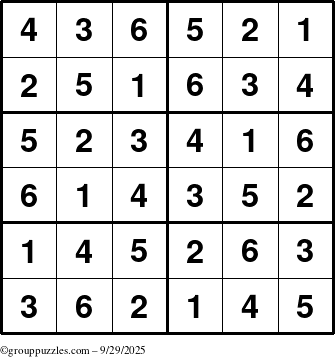 The grouppuzzles.com Answer grid for the Sudoku-Junior puzzle for Monday September 29, 2025