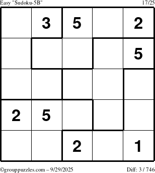 The grouppuzzles.com Easy Sudoku-5B puzzle for Monday September 29, 2025