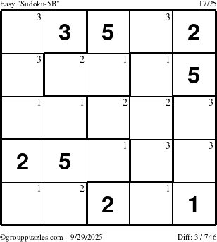 The grouppuzzles.com Easy Sudoku-5B puzzle for Monday September 29, 2025 with the first 3 steps marked