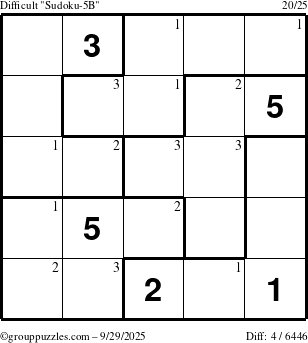 The grouppuzzles.com Difficult Sudoku-5B puzzle for Monday September 29, 2025 with the first 3 steps marked