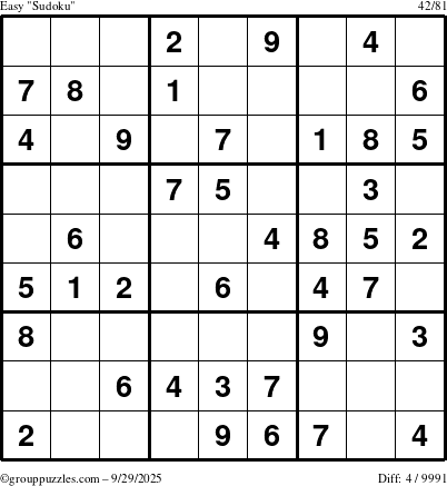 The grouppuzzles.com Easy Sudoku puzzle for Monday September 29, 2025