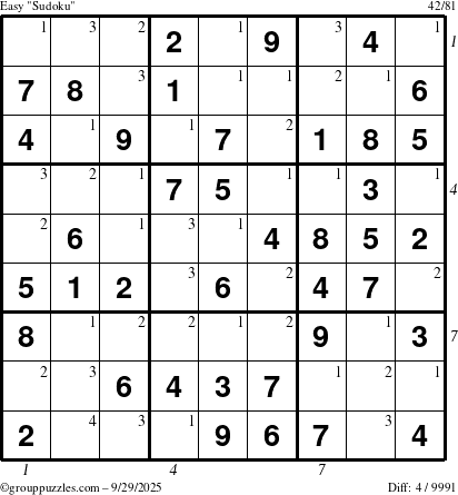 The grouppuzzles.com Easy Sudoku puzzle for Monday September 29, 2025 with all 4 steps marked