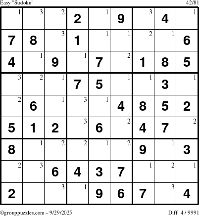 The grouppuzzles.com Easy Sudoku puzzle for Monday September 29, 2025 with the first 3 steps marked