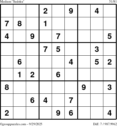 The grouppuzzles.com Medium Sudoku puzzle for Monday September 29, 2025