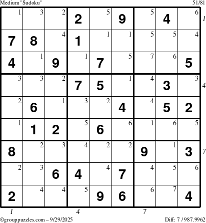 The grouppuzzles.com Medium Sudoku puzzle for Monday September 29, 2025 with all 7 steps marked