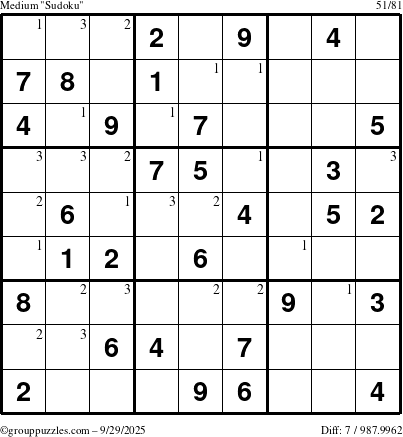 The grouppuzzles.com Medium Sudoku puzzle for Monday September 29, 2025 with the first 3 steps marked