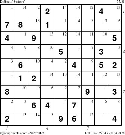 The grouppuzzles.com Difficult Sudoku puzzle for Monday September 29, 2025 with all 14 steps marked