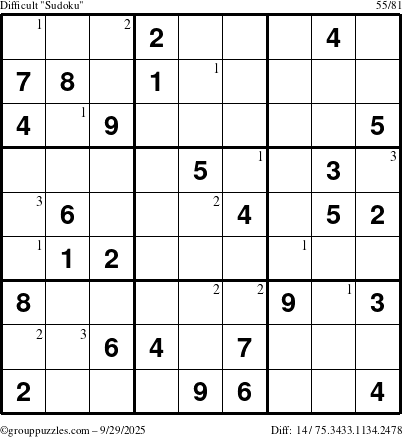 The grouppuzzles.com Difficult Sudoku puzzle for Monday September 29, 2025 with the first 3 steps marked