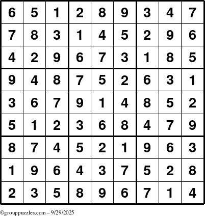 The grouppuzzles.com Answer grid for the Sudoku puzzle for Monday September 29, 2025