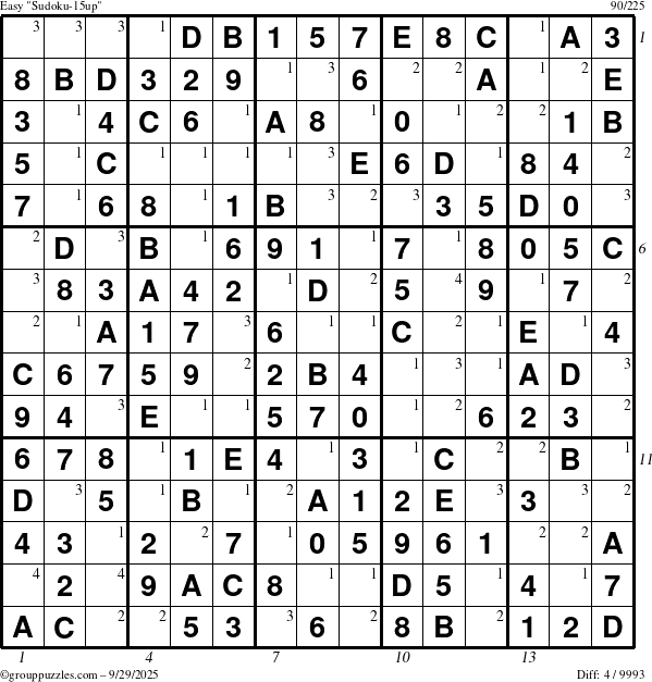 The grouppuzzles.com Easy Sudoku-15up puzzle for Monday September 29, 2025 with all 4 steps marked