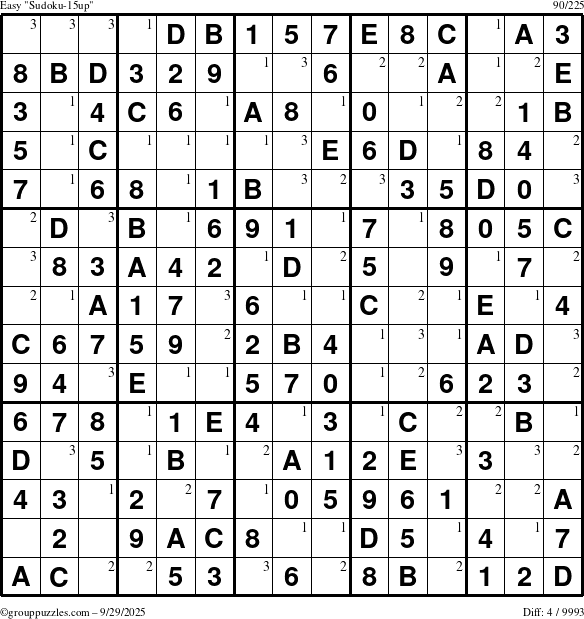 The grouppuzzles.com Easy Sudoku-15up puzzle for Monday September 29, 2025 with the first 3 steps marked