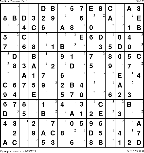 The grouppuzzles.com Medium Sudoku-15up puzzle for Monday September 29, 2025 with the first 3 steps marked