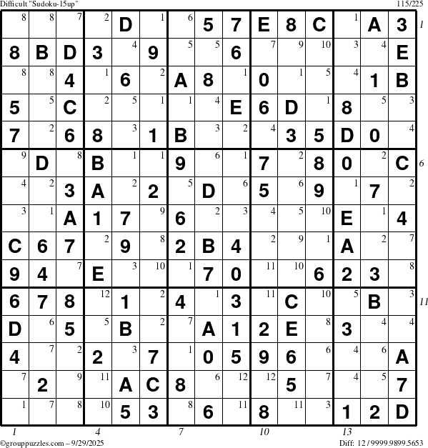 The grouppuzzles.com Difficult Sudoku-15up puzzle for Monday September 29, 2025 with all 12 steps marked