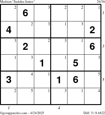 The grouppuzzles.com Medium Sudoku-Junior puzzle for Thursday April 24, 2025, suitable for printing, with all 5 steps marked