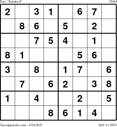 The grouppuzzles.com Easy Sudoku-8 puzzle for Thursday April 24, 2025