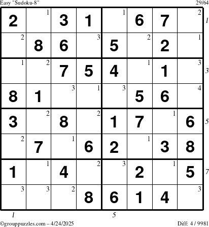The grouppuzzles.com Easy Sudoku-8 puzzle for Thursday April 24, 2025 with all 4 steps marked
