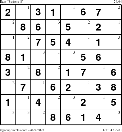 The grouppuzzles.com Easy Sudoku-8 puzzle for Thursday April 24, 2025 with the first 3 steps marked