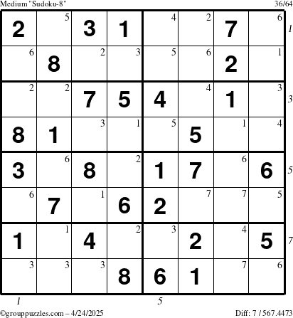 The grouppuzzles.com Medium Sudoku-8 puzzle for Thursday April 24, 2025, suitable for printing, with all 7 steps marked
