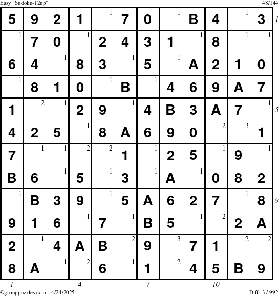 The grouppuzzles.com Easy Sudoku-12up puzzle for Thursday April 24, 2025, suitable for printing, with all 3 steps marked