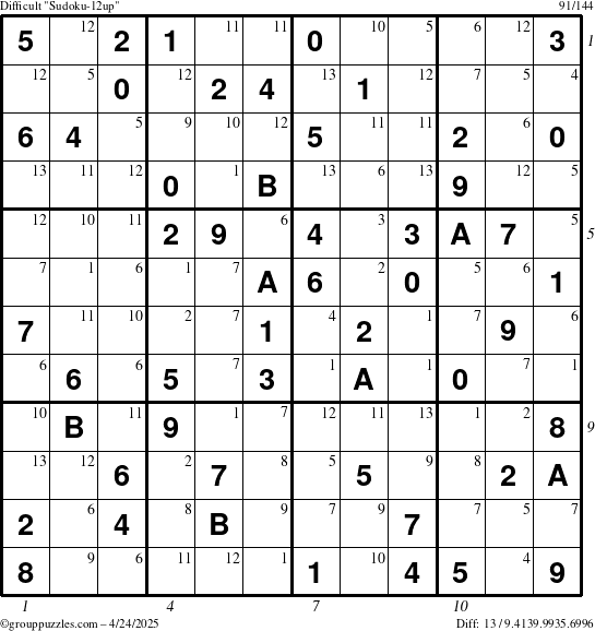 The grouppuzzles.com Difficult Sudoku-12up puzzle for Thursday April 24, 2025 with all 13 steps marked