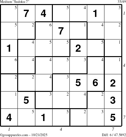 The grouppuzzles.com Medium Sudoku-7 puzzle for Tuesday October 21, 2025 with all 6 steps marked