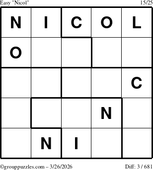 The grouppuzzles.com Easy Nicol puzzle for Thursday March 26, 2026