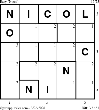 The grouppuzzles.com Easy Nicol puzzle for Thursday March 26, 2026, suitable for printing, with all 3 steps marked