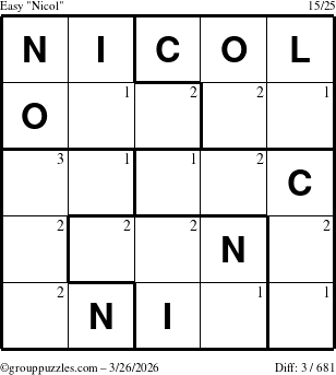 The grouppuzzles.com Easy Nicol puzzle for Thursday March 26, 2026 with the first 3 steps marked