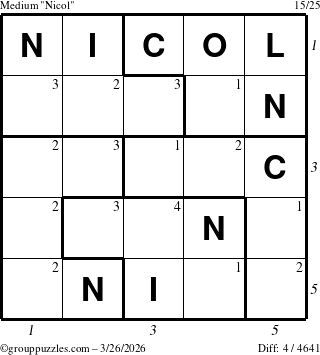 The grouppuzzles.com Medium Nicol puzzle for Thursday March 26, 2026 with all 4 steps marked