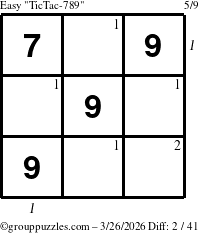 The grouppuzzles.com Easy TicTac-789 puzzle for Thursday March 26, 2026, suitable for printing, with all 2 steps marked