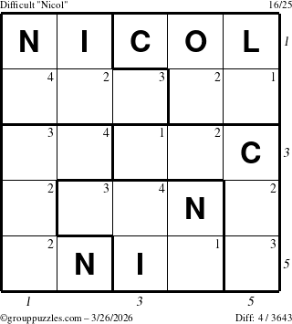 The grouppuzzles.com Difficult Nicol puzzle for Thursday March 26, 2026, suitable for printing, with all 4 steps marked