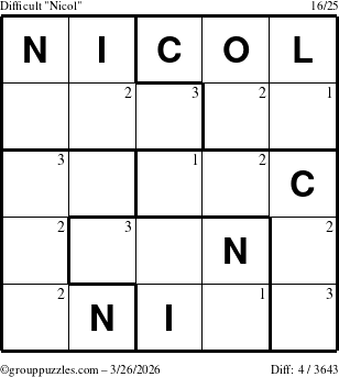 The grouppuzzles.com Difficult Nicol puzzle for Thursday March 26, 2026 with the first 3 steps marked
