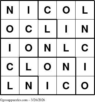 The grouppuzzles.com Answer grid for the Nicol puzzle for Thursday March 26, 2026