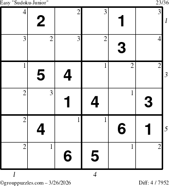The grouppuzzles.com Easy Sudoku-Junior puzzle for Thursday March 26, 2026, suitable for printing, with all 4 steps marked