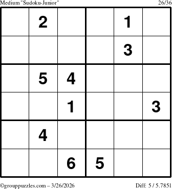 The grouppuzzles.com Medium Sudoku-Junior puzzle for Thursday March 26, 2026
