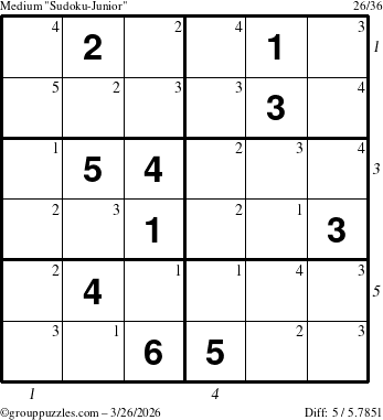 The grouppuzzles.com Medium Sudoku-Junior puzzle for Thursday March 26, 2026, suitable for printing, with all 5 steps marked