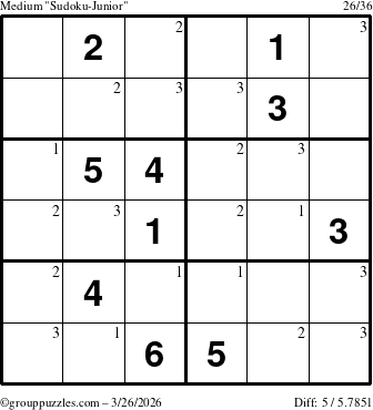 The grouppuzzles.com Medium Sudoku-Junior puzzle for Thursday March 26, 2026 with the first 3 steps marked