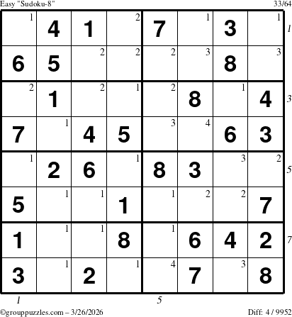 The grouppuzzles.com Easy Sudoku-8 puzzle for Thursday March 26, 2026 with all 4 steps marked