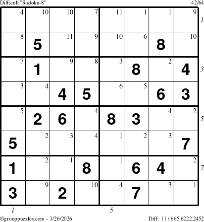 The grouppuzzles.com Difficult Sudoku-8 puzzle for Thursday March 26, 2026 with all 11 steps marked