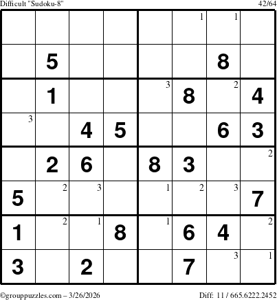 The grouppuzzles.com Difficult Sudoku-8 puzzle for Thursday March 26, 2026 with the first 3 steps marked