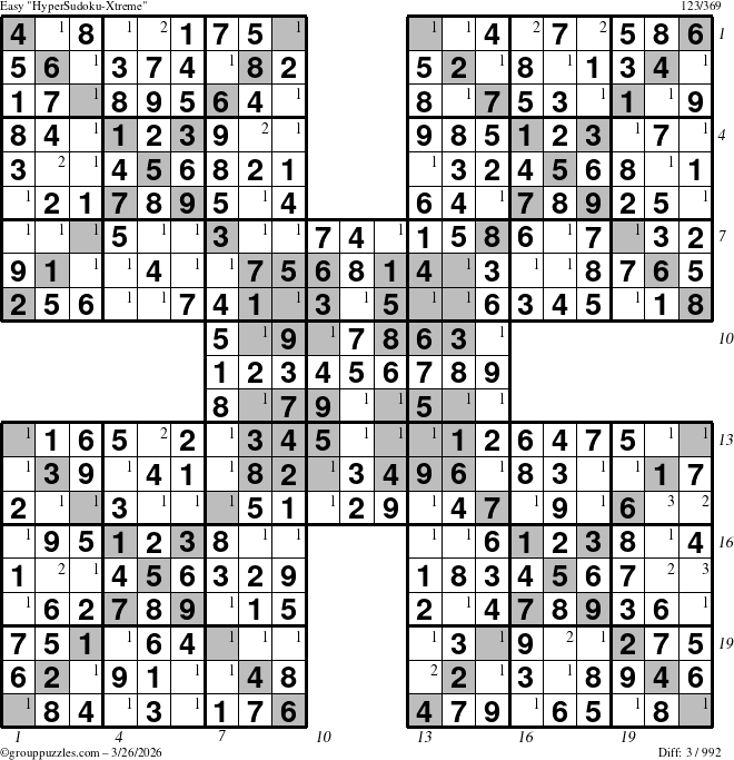 The grouppuzzles.com Easy cover-HyperXtreme puzzle for Thursday March 26, 2026, suitable for printing, with all 3 steps marked