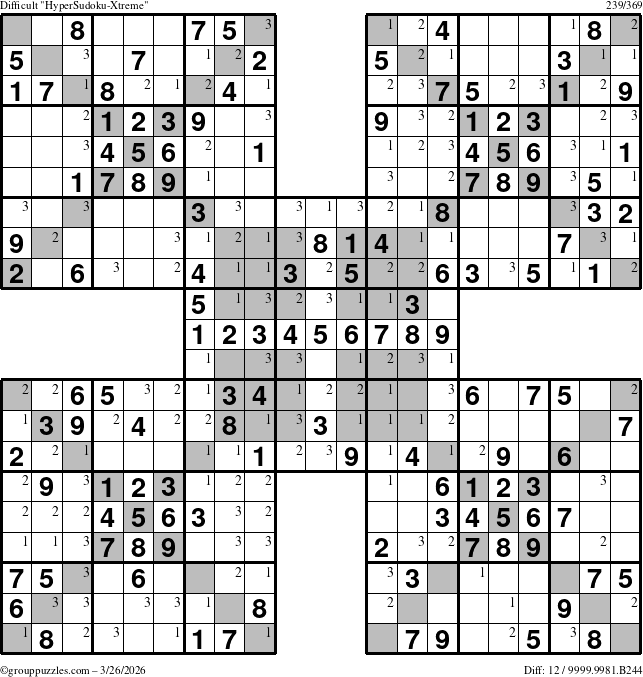 The grouppuzzles.com Difficult cover-HyperXtreme puzzle for Thursday March 26, 2026 with the first 3 steps marked