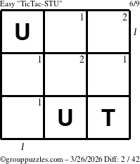 The grouppuzzles.com Easy TicTac-STU puzzle for Thursday March 26, 2026, suitable for printing, with all 2 steps marked