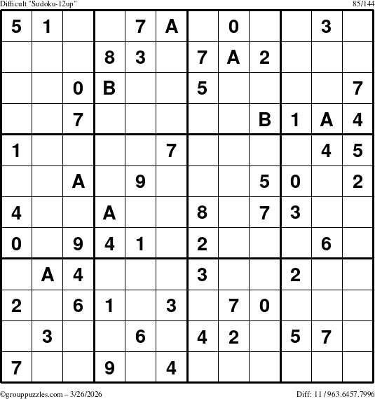 The grouppuzzles.com Difficult Sudoku-12up puzzle for Thursday March 26, 2026