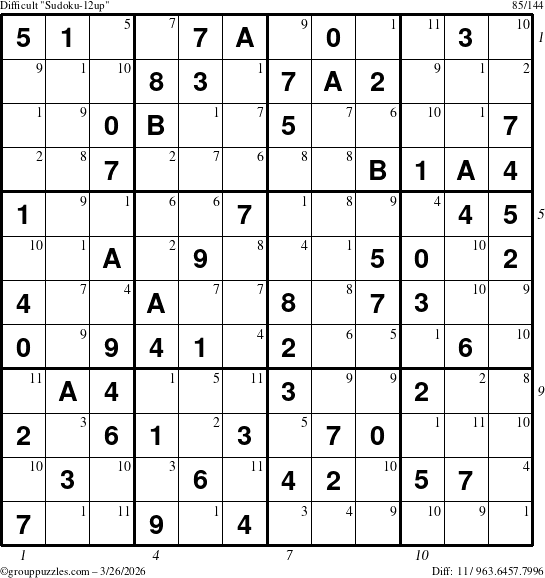 The grouppuzzles.com Difficult Sudoku-12up puzzle for Thursday March 26, 2026 with all 11 steps marked