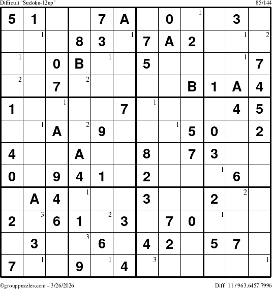 The grouppuzzles.com Difficult Sudoku-12up puzzle for Thursday March 26, 2026 with the first 3 steps marked