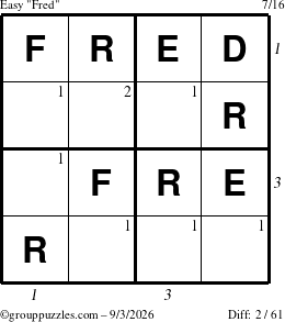 The grouppuzzles.com Easy Fred puzzle for Thursday September 3, 2026 with all 2 steps marked