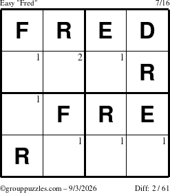 The grouppuzzles.com Easy Fred puzzle for Thursday September 3, 2026 with the first 2 steps marked